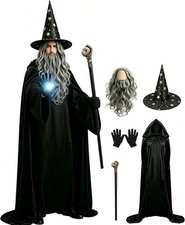 Medieval Hooded Cloak 6Pcs Men Wizard Costume Set Sorcerer Cap with Hood