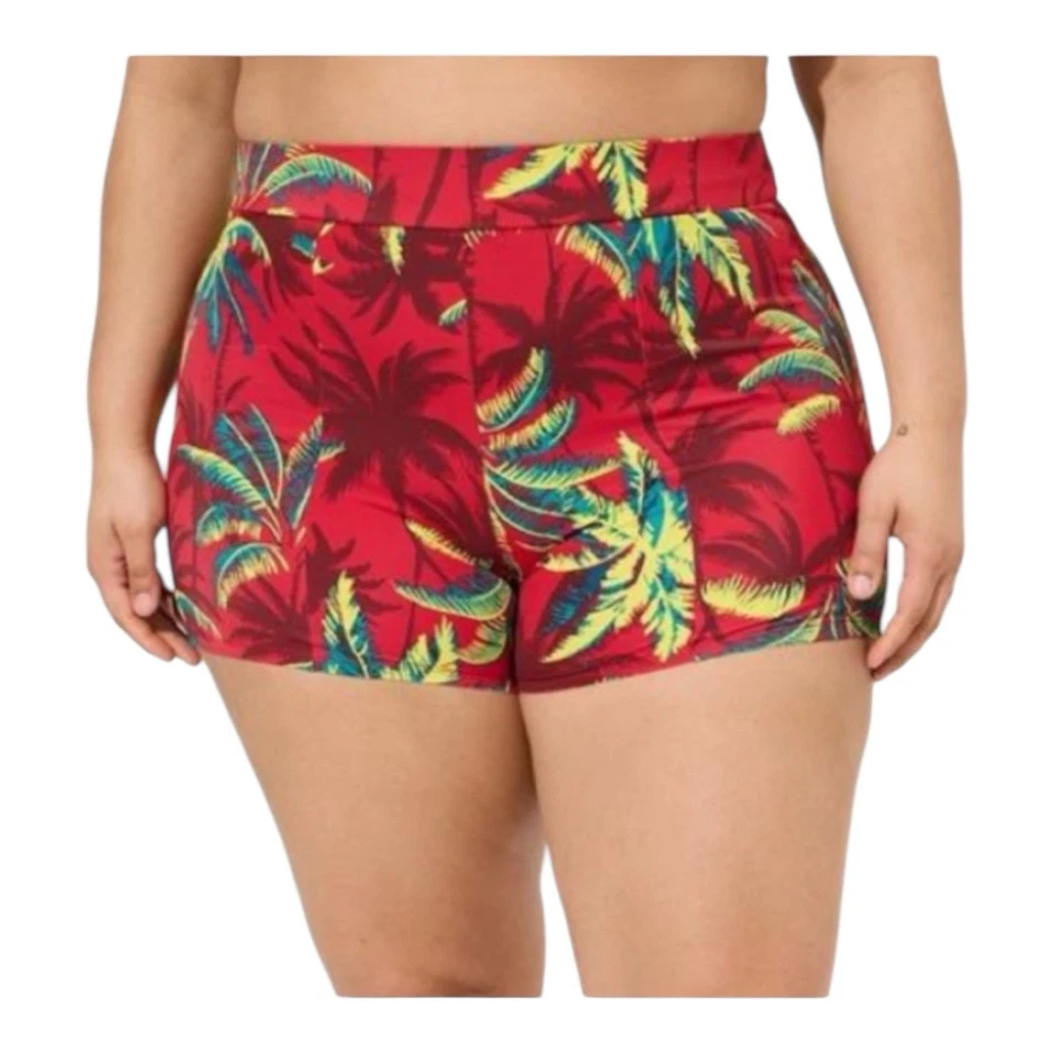 New With Tags Torrid Sz 5 High Waist Swim Lined Shorts Red Palm Trees Pull On - Image 2 of 4