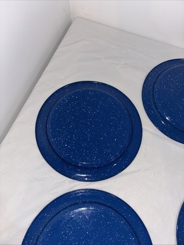 Set Of 4 Plates Blue Speckled Enamelware Camping Cabin Core Vintage - Picture 4 of 10