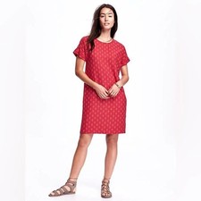 Old Navy Linen Blend A Line Dress Size Small Short Sleeves Keyhole Red White New