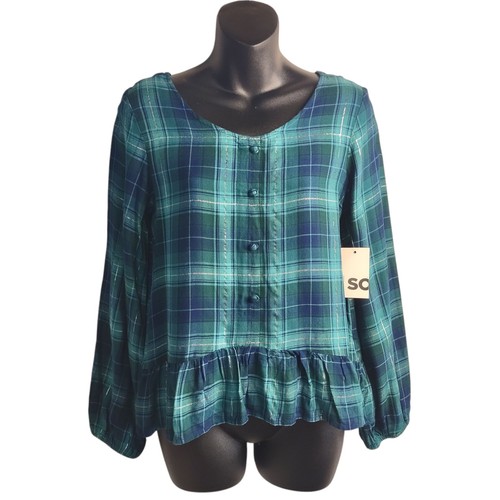 So Big Girls 6-20 Teal Silver Sparkle Plaid Top Blouse Size XL (14/16) NWT - Picture 5 of 15