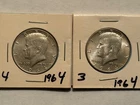 2 lot  Kennedy Half Dollar 1964 Silver 90%  Cooper 10%  Bright Circulated