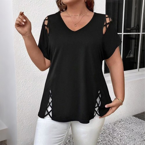 Übergröße Damen Hohle Kurzarm T-Shirt Elegant Oberteile Sommer Tops Tunika Bluse - Bild 21 von 24