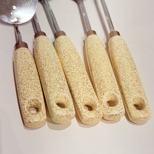 Vintage Ekco Utensils Yellow Glitter Wood Handles Fork Spatula Slotted Spoon MCM - Picture 2 of 18