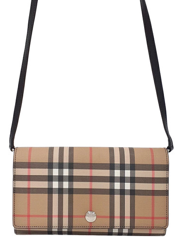 BURBERRY Check Coated Canvas Leather Beige Black Shoulder Wallet