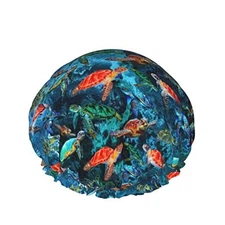Shower Cap For Women Adjustable Double Waterproof Layers One Size Sea Turtle