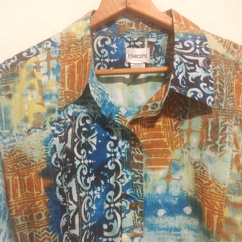Chico's Top Long Sleeve Button Up Shirt Artsy Fairy Office Size 3 is XL EUC - Picture 2 of 8