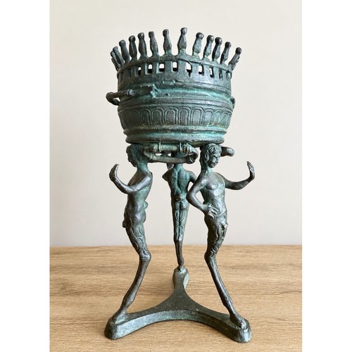 Vintage Bronze/Brass Verdigris Figural Tripod Urn Censer Style Vessel 8.5"
