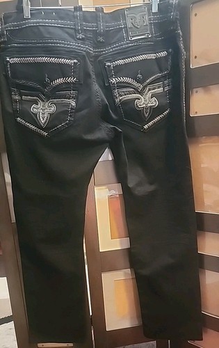 Rock Revival Jeans Mens 40 Black "Rey" Straight Leg Embroidered Pockets Logo - Picture 10 of 23