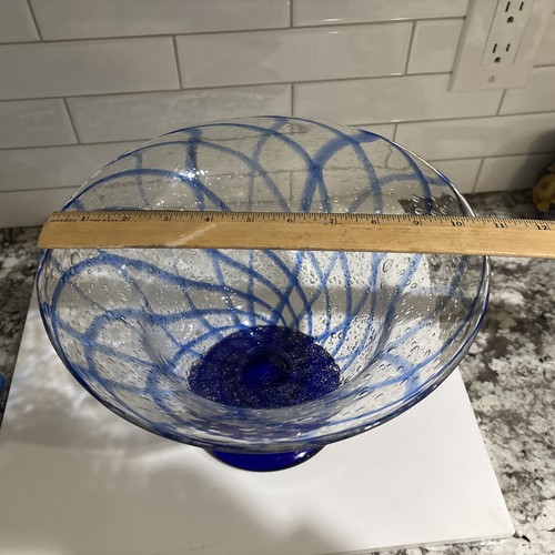 Kobaltblau VASE Schale Band Wirbel Blase Kunst Glas Sockel Fuß mundgeblasen? - Bild 9 von 10