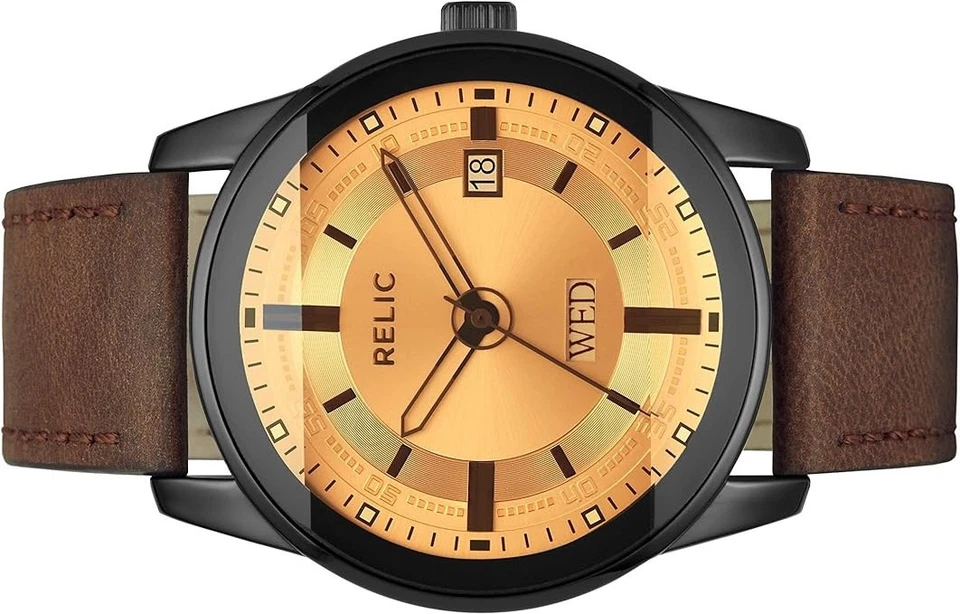 Мужские часы Relic By Fossil коричневый кожаный ремешок ZR12229 с янтарным циферблатом - Изображение 2 из 3