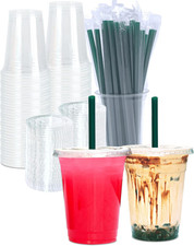 16 Oz Clear Plastic Cups with Lids and STRAWS, Disposable Drinking Cups for Cold