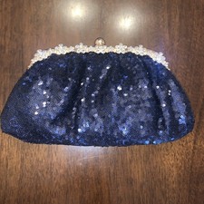 Blue Sequence Clutch Evening Bag With Gold And Bling Trim Closure Gold Strap