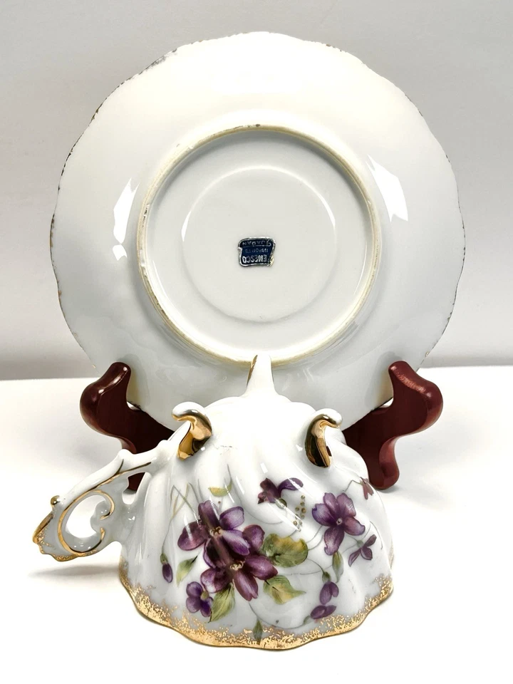 Vintage Enesco Fine China Tea Cup And Saucer With Violets On Bright White - Image 4 of 4