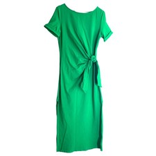 Sezane Pippa Dress Sz S Kelly Green Tie Waist Short Sleeve Side Slits Midi READ