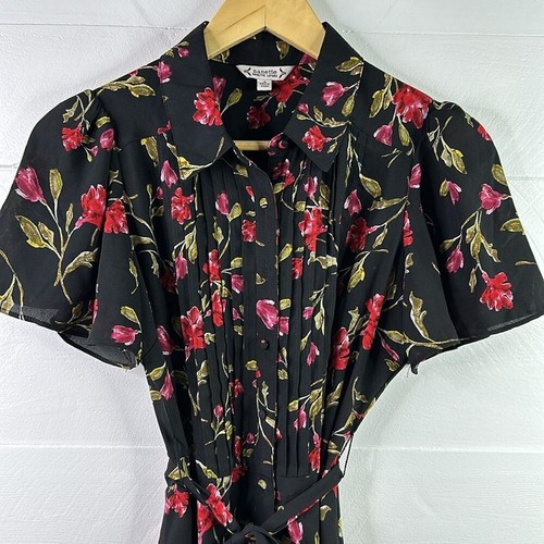 NANETTE LEPORE Black Red Pink Floral Button Up Short Sleeve Knee Length Dress 2 - Picture 5 of 9