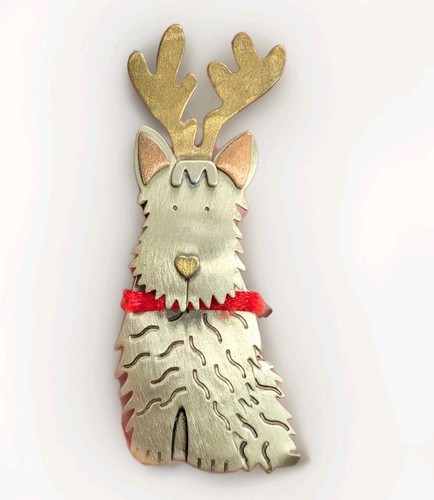 Scottie Terrier Hund Rentier Brosche Anstecknadel Kunsthandwerk Bronzefarben Weihnachten Urlaub  - Bild 1 von 8