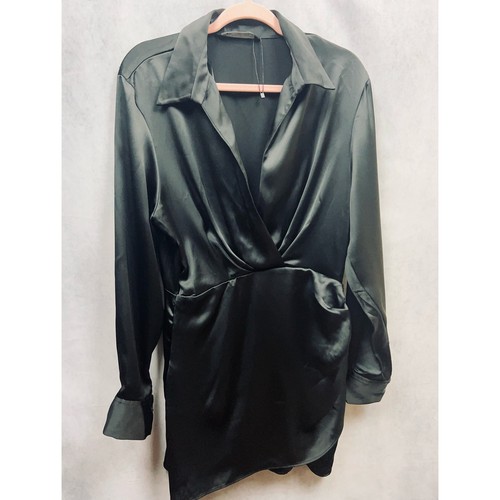 Zara Damen kurzes Kleid Satinoptik Reverskragen V-Ausschnitt schwarz Größe L - Bild 5 von 11