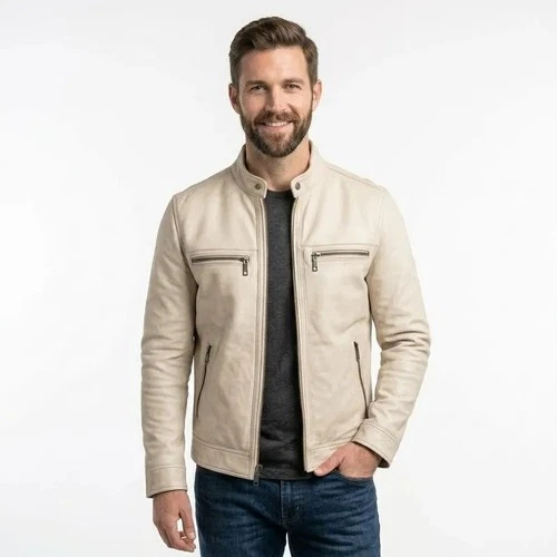 Mens Cream Genuine Lambskin Leather Cafe Racer Biker Motorcycle Slim Fit Jacket - product listing photo