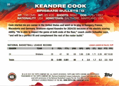 2024 2025 Brisbane Bullets NBL Basketball Topps Chrome Card - Keandre Cook - Picture 2 of 3