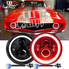 Pair 7" Round LED Headlights Hi/Lo Beam Red Halo DRL For Chevy Camaro 1967-1981