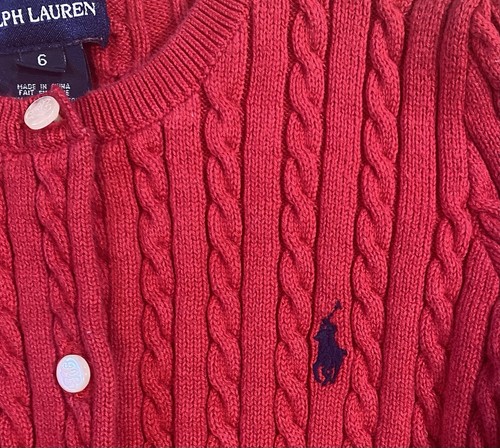 Ralph Lauren Red Cable Knit Peplum Cardigan, Girls Sz 6, Embroidered Logo - Picture 3 of 8