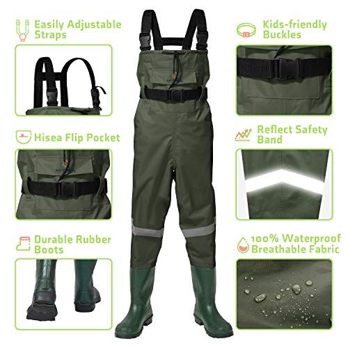 Kinder Chest Waders mit Stiefeln, Jugend Wasserdicht Angeln 10/11 Big Kid Grün - Bild 7 von 7