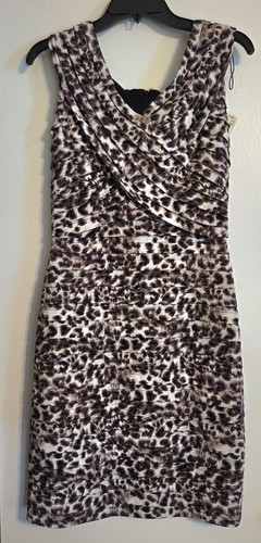 Adrianna Papell Dress Womens 10 Brown Black Animal Print Tiered V-Neck Sheath - Picture 1 of 11
