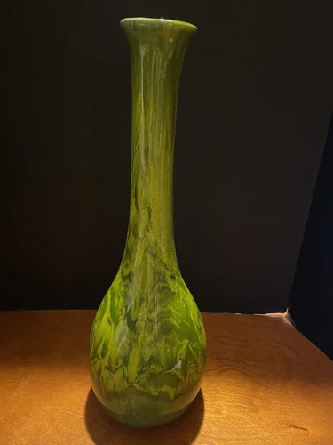 Large Vintage 2 tone green glazed retro artsy pottery vase Home Decor 16.5"tall