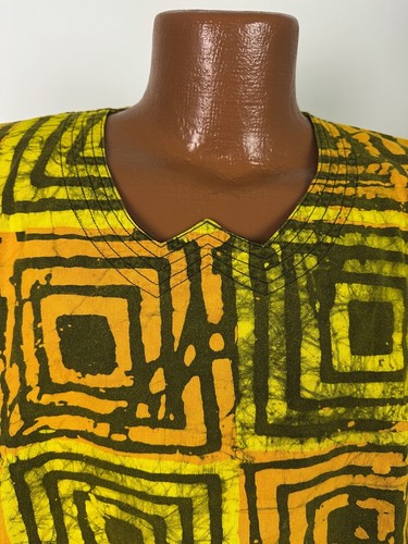 Handmade Geometric Print Tunic Shirt ONE SIZE Yellow 3/4 Sleeve African Art Boho - Picture 3 of 10