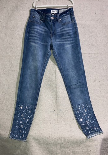 Blingy Rhinestone Crystal Bead Ankle Stretch Denim Crop Jeans Raw Hem Women’s 26 - Picture 7 of 13