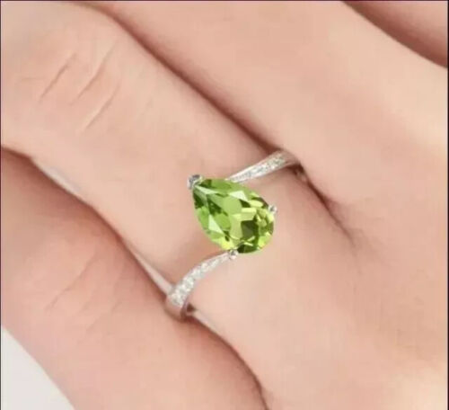 2Ct Pear Cut Lab-Created Peridot Bypass Vintage Ring Gift 14K White Gold Plated - Picture 2 of 7