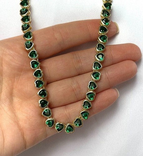 22 Ct Heart Cut Simulated Green Emerald Tennis Necklace 14K Yellow Gold Plated - Picture 3 of 4