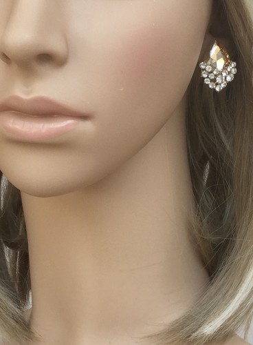 Non-Pierced Gold Plated Champagne Crystal Teardrop Stud Style Clip On Earrings - Picture 4 of 5