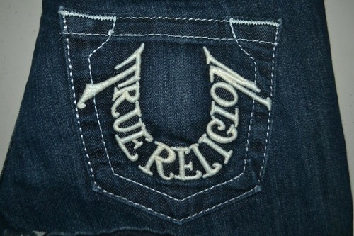 True Religion Women's Straight Embroidered U No Pocket Flaps Blue Jeans Sz 28x33 - Picture 2 of 12