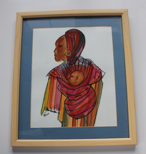 African Art Women with Baby Tribal Canvas in Ivory Colour Frame - 第 1/4 張圖片