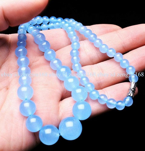 Pretty 6-14mm Natural Blue Chalcedony Round Gemstone Beads Necklace 18" AAA - Picture 2 of 12