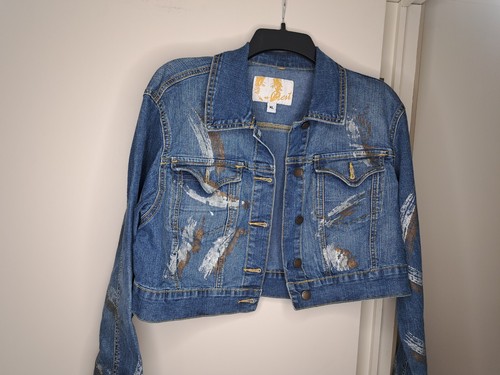 Crest Jeans Cropped Blue Denim Jacket XL Metallic Paint Splashed Silver and Gold - Picture 3 of 15