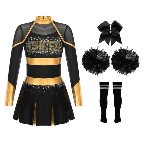 Kids Girls Pleated Dress Masquerade Dance Outfits Mock Neck Cheerleading Socks - Picture 11 of 38