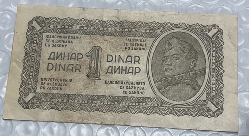 1944 Yugoslavia 1 Dinar WWII Era 2 Paper Banknote - Circulated And Ungraded