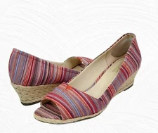 Coach And Four Lucine Stripe Peep Toe Espadrille Wedge Shoes Size 9