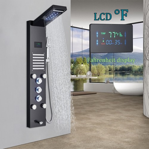 LED Shower Panel Tower System Rain&Waterfall Massage Jet W/Hand Shower Black - Picture 1 of 11