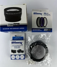 Lot/4 Ultimax 58MM Camera Accessories. 2.2x Lens, Filter Kit, Battery, Hood NIB