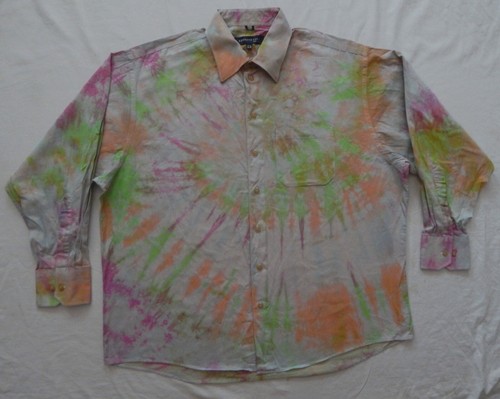 Tie Dye Green Orange Spiral Long Sleeve Button Down Shirt - XL Mens Hand Made - Picture 2 of 7