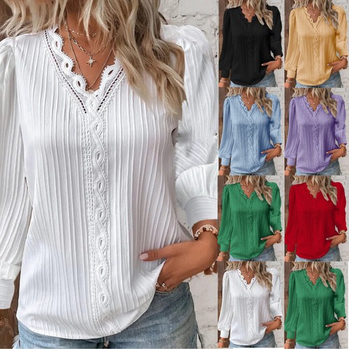 Summer Womens V neck T-Shirt Blouse Ladies Long Sleeve Tops Pullover Plus Size - Picture 12 of 20