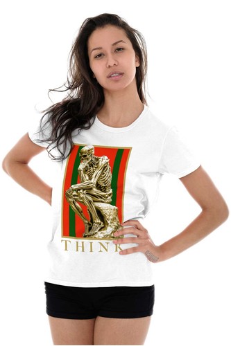 Modern Art The Thinker Statue Skeleton Think Womens Top Junior Graphic Tee - Picture 5 of 7