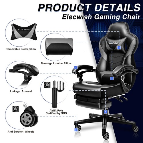 ELECWISH Gaming Chair Gray Computer Office Swivel Recliner Chair with Footrest - Picture 9 of 14