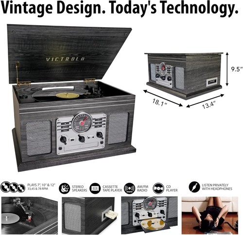 Nostalgic 3-Speed Turntable with Bluetooth, CD Player & Built-in Speakers - Grey - Picture 6 of 10
