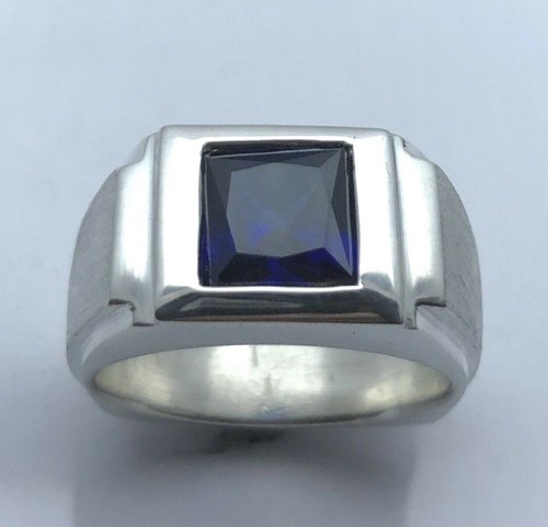 ANILLO HOMBRE PLATA ESTERLINA MJG. 8 X 8MM PRINCESA LABORATORIO ZAFIRO AZUL. Talla 10 1/4 - Imagen 1 de 5