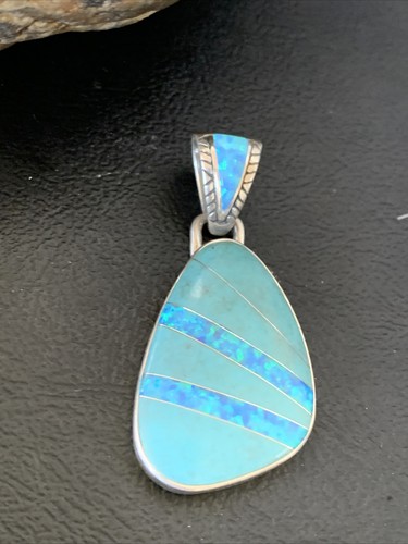 Womens Blue Turquoise & Opal Navajo Sterling Silver Inlay Pendant 12490 - Picture 3 of 12